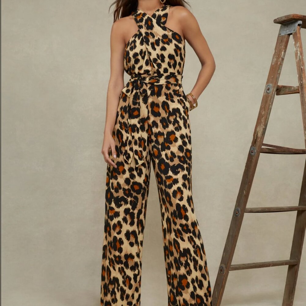 Tahari Leopard Print Halter Jumpsuit